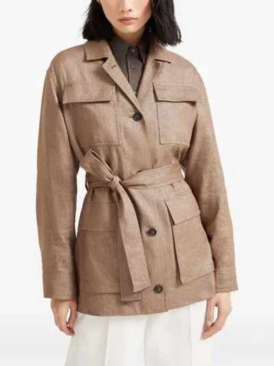 Brunello Cucinelli Brown Jacket With Notched Revers And Front Closure With Bow In Linen Blend Woman
