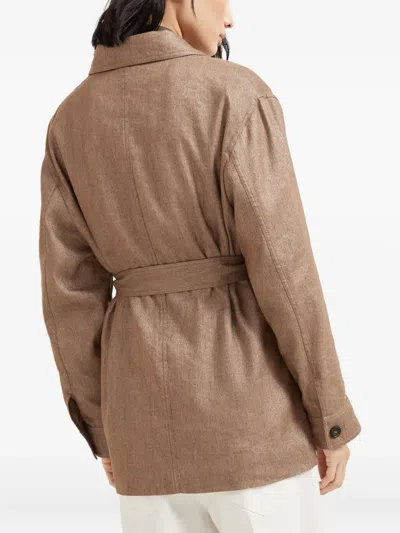 Brunello Cucinelli Brown Jacket With Notched Revers And Front Closure With Bow In Linen Blend Woman
