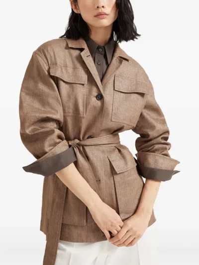 Brunello Cucinelli Brown Jacket With Notched Revers And Front Closure With Bow In Linen Blend Woman