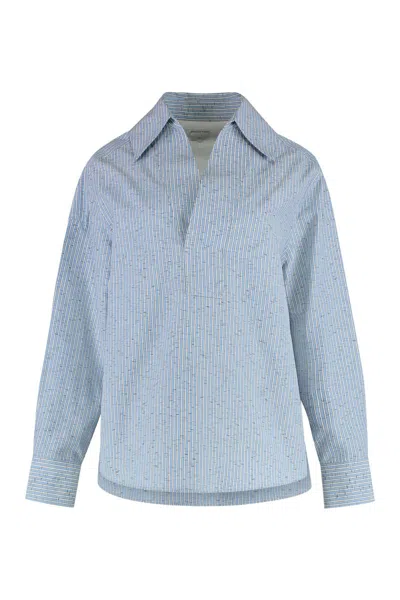 Bottega Veneta Blue Shirt With Deep Neckline On The Front And Long Sleeves In Cotton Poplin Woman