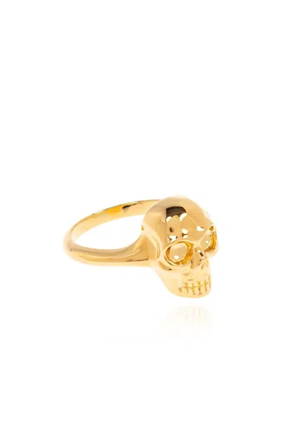 Alexander Mcqueen Polished Gold-tone Ring With Engraved Skull Design In Gold