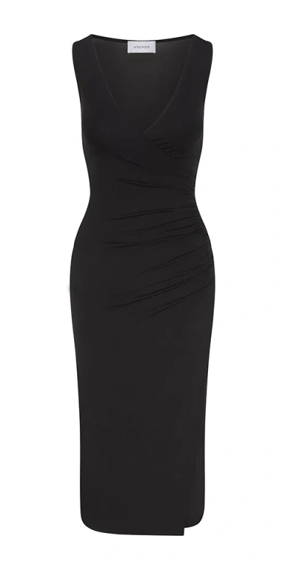 Anemos Draped Wrap Effect Midi Dress In Cupro Jersey In Black