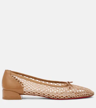 Christian Louboutin Sweetie Jane 20 Patent Leather-trimmed Crocheted Ballet Flats In Brown