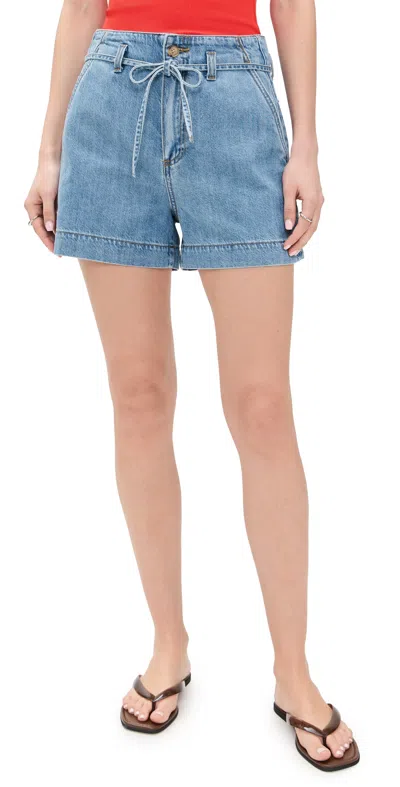 Paige Anessa Short With Waist Tie In Light Wash In Blue