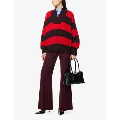 Stella Mccartney Striped V Neck Knitwear With Distressed Detailing In Black