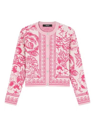 Versace Baroque Subaquatique Patterned Crew Neck Cardigan In Pink