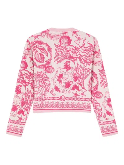 Versace Baroque Subaquatique Patterned Crew Neck Cardigan In Pink