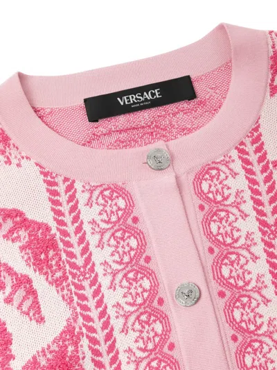 Versace Baroque Subaquatique Patterned Crew Neck Cardigan In Pink
