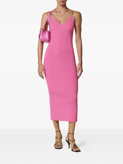 Versace Safety-pin Straps Rib Knit Midi Dress In Pink