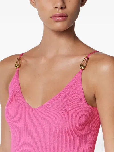 Versace Safety-pin Straps Rib Knit Midi Dress In Pink