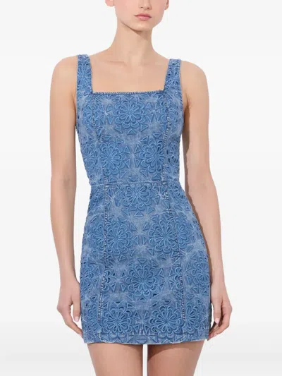 Alice And Olivia Maryann Floral Cutout Denim Dress In Avery Blue