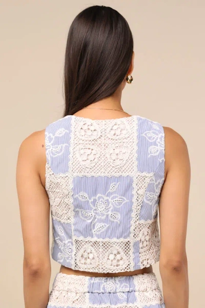Lulus Elfreda Blue And Cream Crochet Knit Patchwork Tie-front Top In Multi