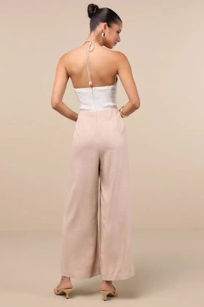 Lulus Suma Beige Multi Color Block Wide-leg Jumpsuit In Brown