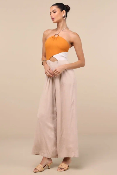 Lulus Suma Beige Multi Color Block Wide-leg Jumpsuit In Brown