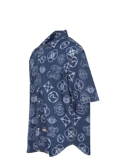Evisu Monogram Denim Shirt In Blue