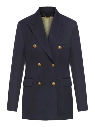 Golden Goose Blue Double-breasted Jacket With Peak Revers And Logo Plaque Detail In On The Rear In Wool Blend Wom