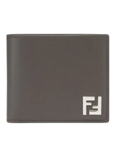 Fendi Ff Squared Bi-fold Wallet With Metal Motif In Gray