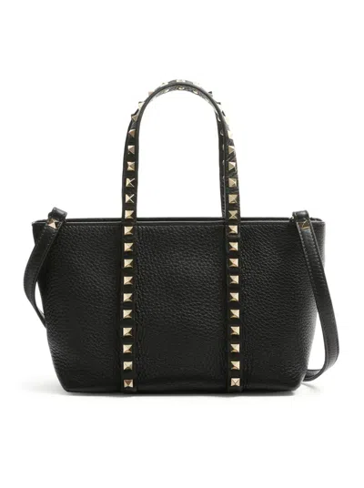 Valentino Garavani Rockstud Mini Tote In Hammered Leather In Black