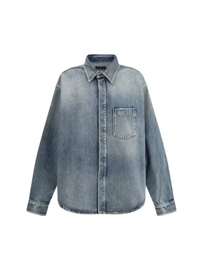 Balenciaga Blue Oversized Shirt With Chest Pocket And Washed Effect In Cotton Woman