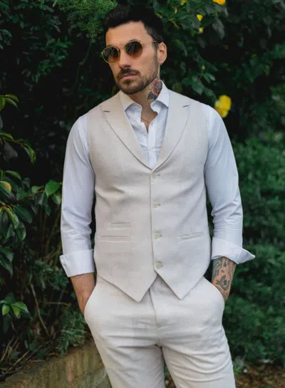Oliver Tweed Infinity Leather Men's Summer 2 Piece Suit Linen Formal Cream Beige Waistcoat Trousers