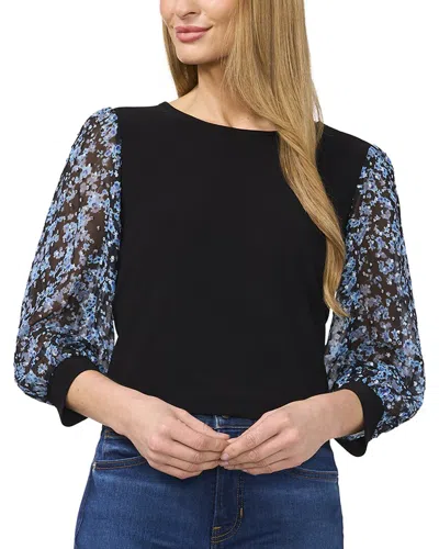 Cece Floral Sleeve Mixed Media Crepe Top