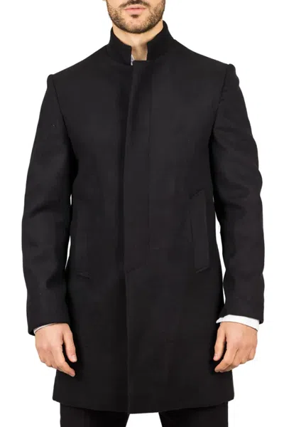 Oliver Tweed Infinity Leather Men's Black Stand Collar Wool Blend Overcoat