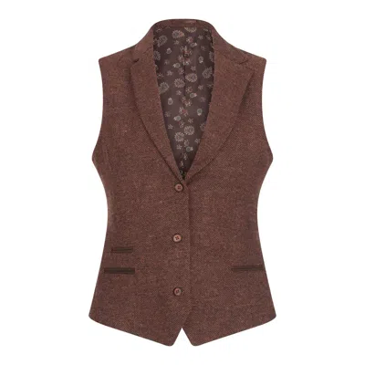 Oliver Tweed Infinity Leather Women's Rust Brown Herringbone Wool Tweed Check Waistcoat