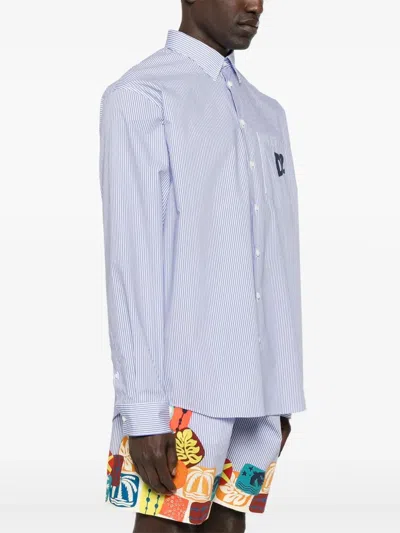 Dsquared2 Blue Shirt With All-over Striped Motif And Applied D2 Logo On The Chest In Cotton Man