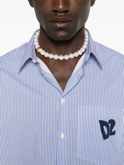Dsquared2 Blue Shirt With All-over Striped Motif And Applied D2 Logo On The Chest In Cotton Man