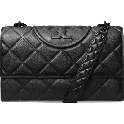 Tory Burch Small Fleming Diamond Quilted Leather Convertible Shoulder Bag In Black