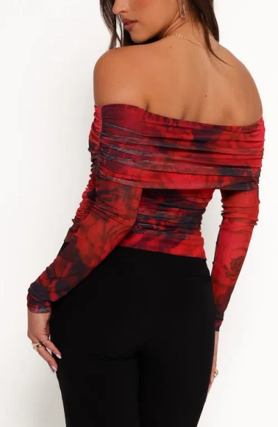 Petal And Pup Petal & Pup Koa Ruched Off The Shoulder Mesh Top In Red