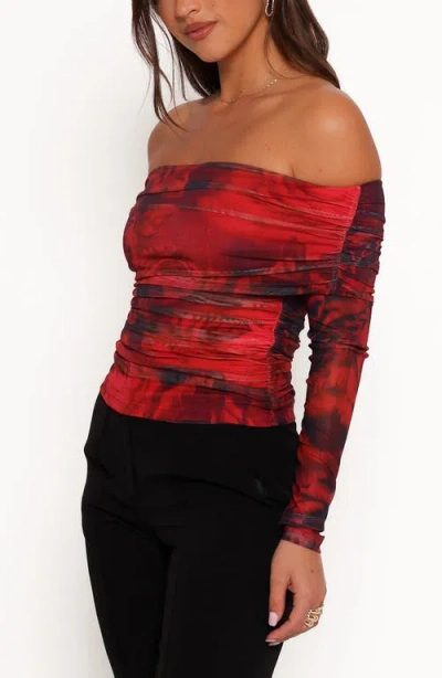 Petal And Pup Petal & Pup Koa Ruched Off The Shoulder Mesh Top In Red