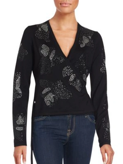 Diane Von Furstenberg Merino Wool Embellished Wrap Sweater In Black