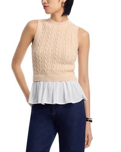 525 Camilia Mixed Media Cable Stitch Cotton Sweater Vest With Peplum In Sand Dollar