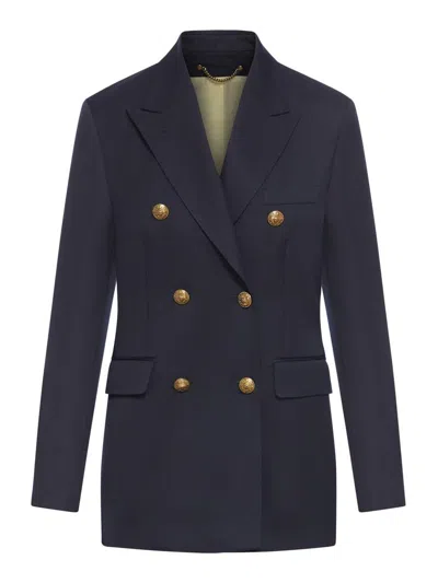 Golden Goose Blue Double-breasted Jacket With Peak Revers And Logo Plaque Detail In On The Rear In Wool Blend Wom