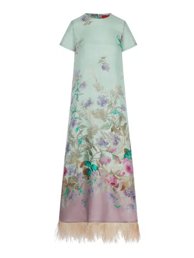 La Doublej Swing Green Midi Dress With Feathered Hem And All-over Floral Print In Silk Woman