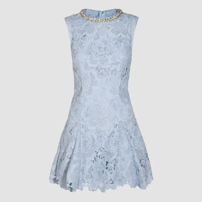 Self-portrait Bue Crewneck Mini Dress With Rhinestoned Collar And All-over Floral Lace Embroidery In Tech Fabric W
