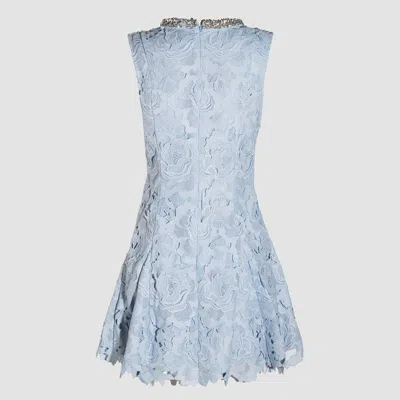 Self-portrait Bue Crewneck Mini Dress With Rhinestoned Collar And All-over Floral Lace Embroidery In Tech Fabric W