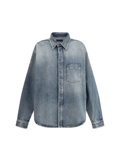 Balenciaga Blue Oversized Shirt With Chest Pocket And Washed Effect In Cotton Woman