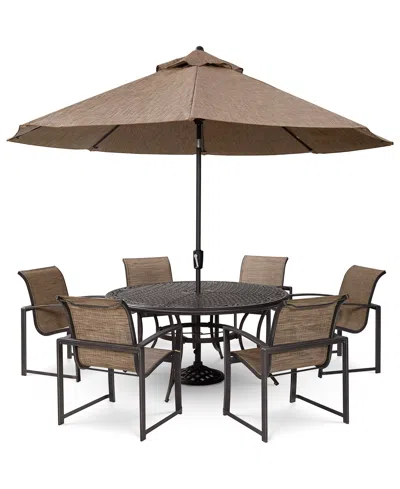 Agio Wythburn Outdoor Dining 7pc Set (60" Round Table & 6 Sleek Sling Dining Chairs)