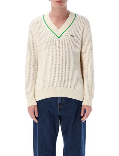 Shop Lacoste V-neck Striped Tennis Sweater