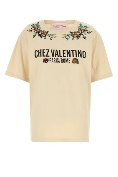 Valentino Cotton Crew Neck T-shirt With Embroidered Detail In Brown