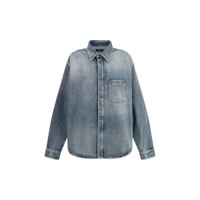 Balenciaga Blue Oversized Shirt With Chest Pocket And Washed Effect In Cotton Woman