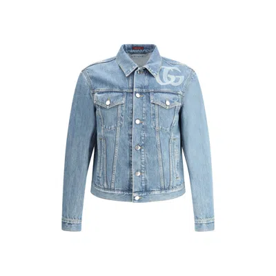 Gucci Light Blue Jacket With Gg Logo Print On The Front In Denim Man