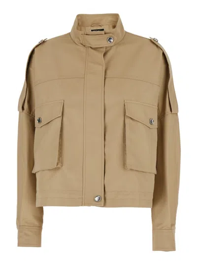 Pinko Beige Jacket With High Collar And Flap Pockets On The Front In Cotton Blend Woman