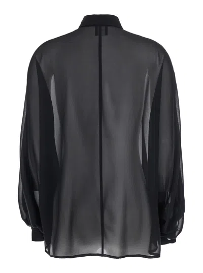 Plain Black Oversize Blouse With Classic Collar And See-through Design