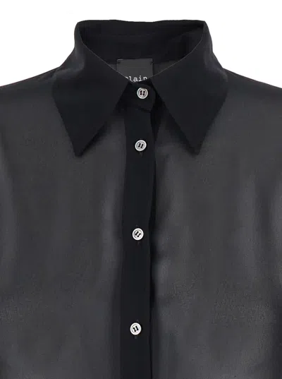 Plain Black Oversize Blouse With Classic Collar And See-through Design