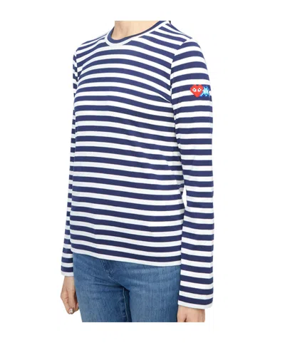 Comme Des Garçons Play X Invader Pixelated-heart Striped Top In Blue