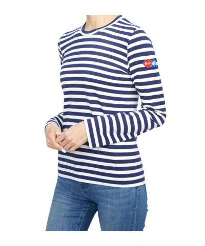 Comme Des Garçons Play X Invader Pixelated-heart Striped Top In Blue