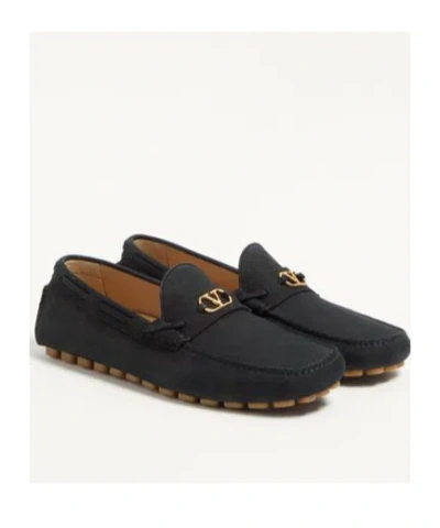 Valentino Fastaway Driver Loafers With Rubber Sole And Textured Finish In Black